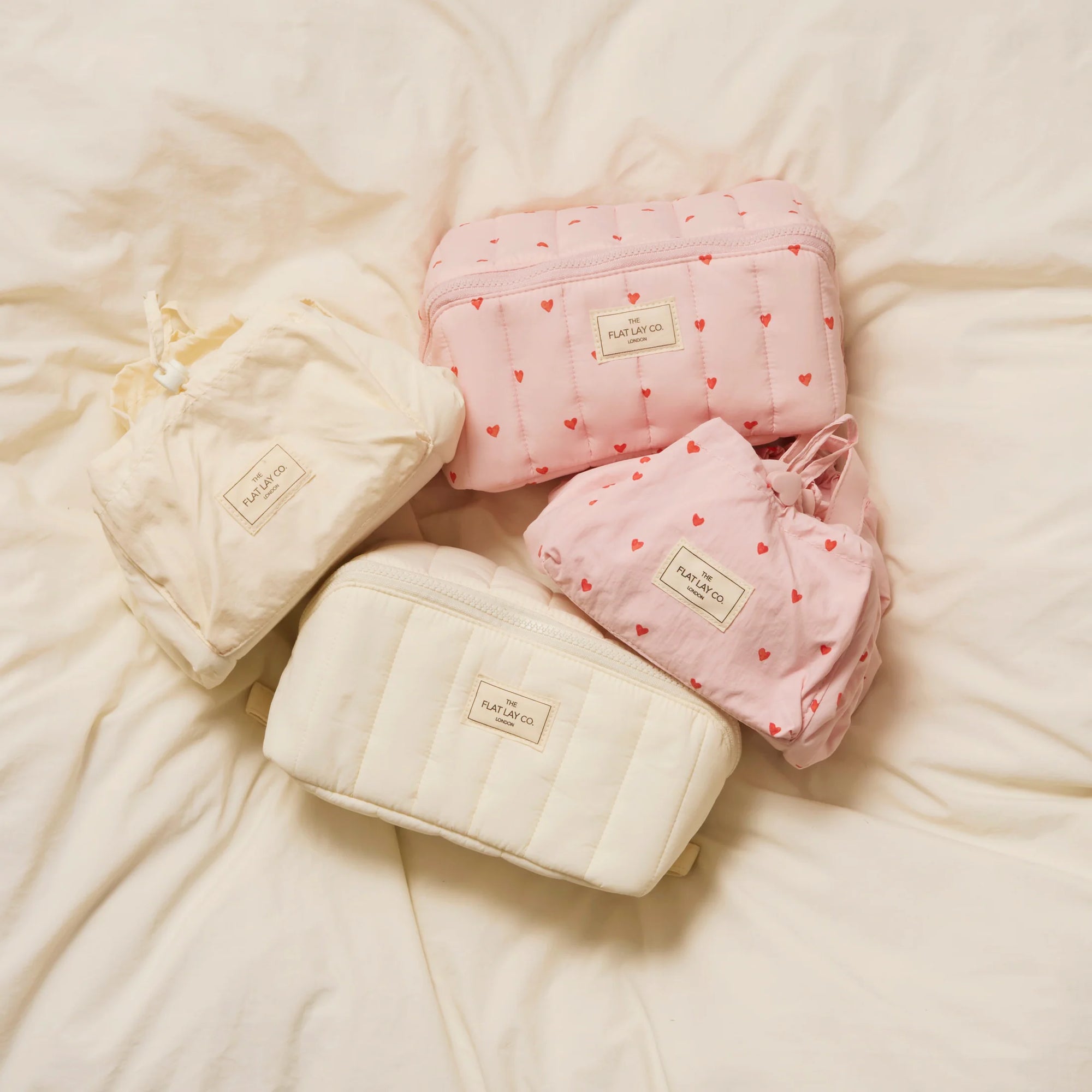 Parachute Drawstring Flat Lay Makeup Bag - Sweet Pink Hearts