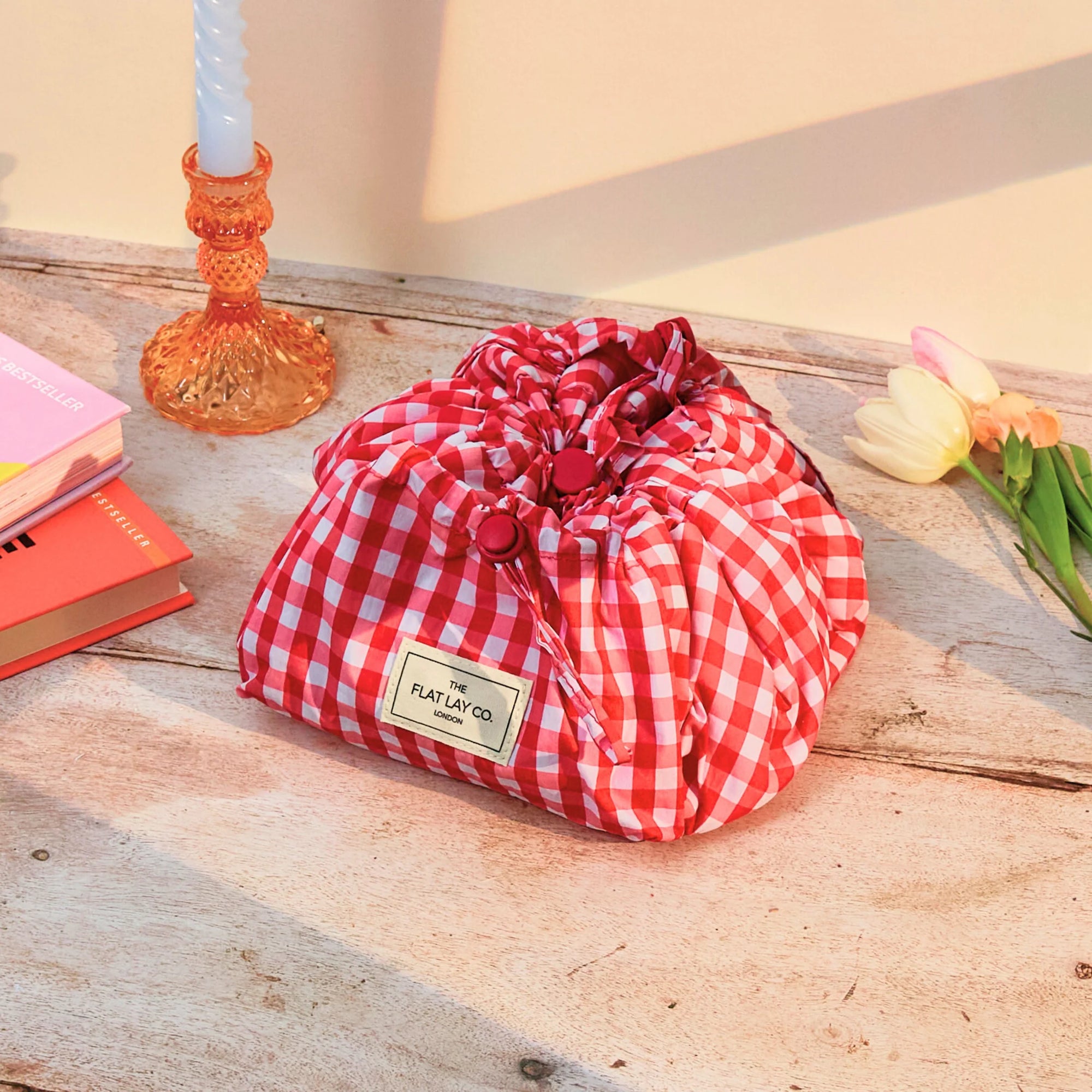Parachute Drawstring Makeup Bag - Red Gingham