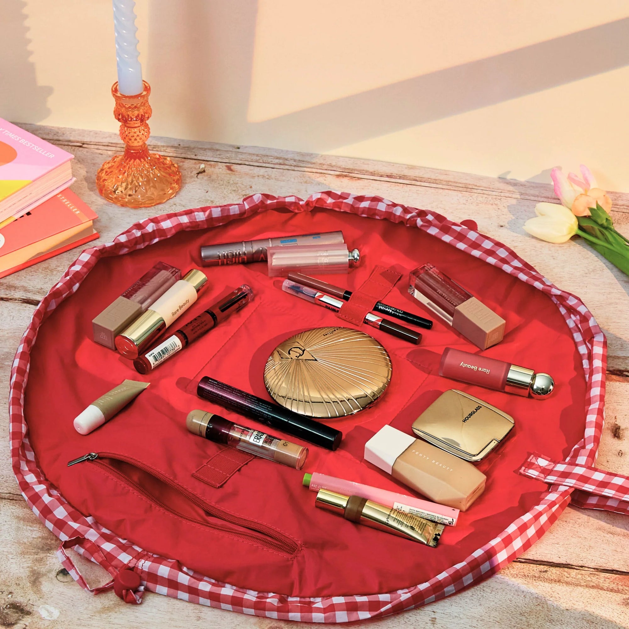 Parachute Drawstring Makeup Bag - Red Gingham