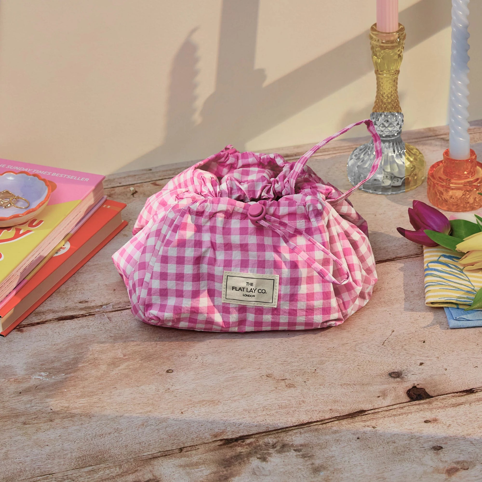 Parachute Drawstring Makeup Bag - Pink Gingham