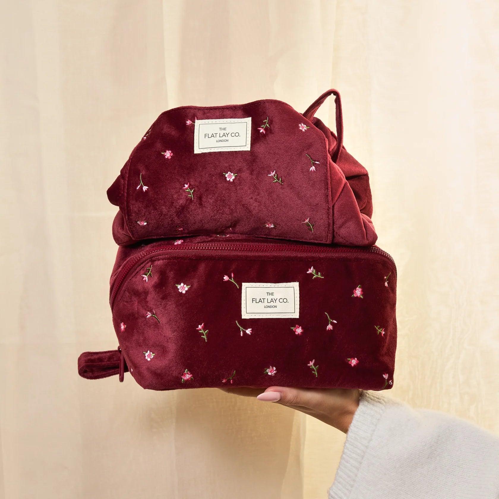 Drawstring Flat Lay Makeup Bag - Burgundy Ditsy Roses