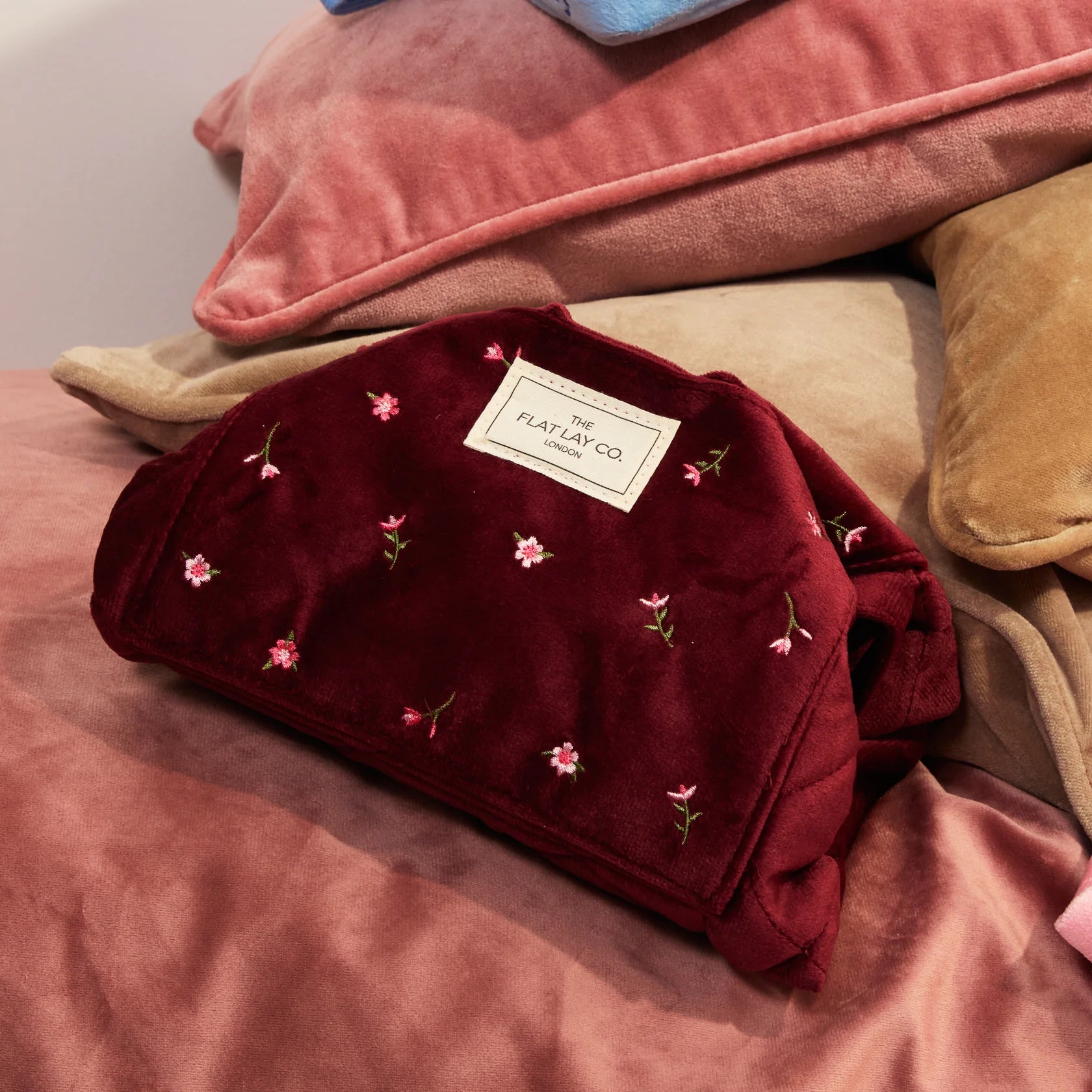 Drawstring Flat Lay Makeup Bag - Burgundy Ditsy Roses