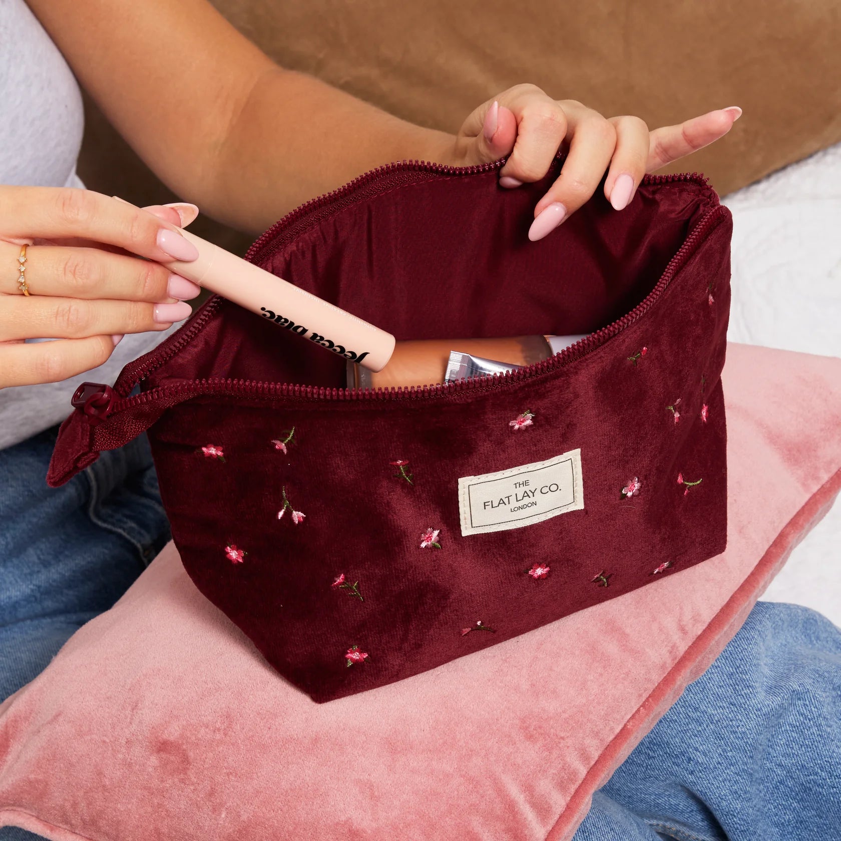 Essential Makeup Pouch - Burgundy Ditsy Roses